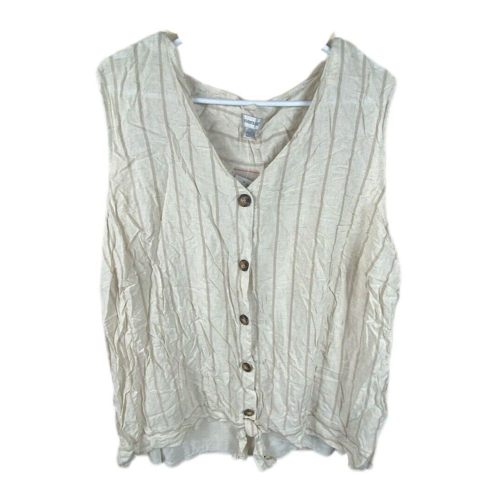 Avenue Sleeveless Blouse Women Size 30/32 Beige Linen Button Up Tunic‎ Shirt NEW